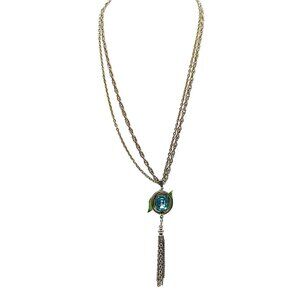 Vintage Silver and Green Double Chain Tassel Necklace with Blue Rhinestone